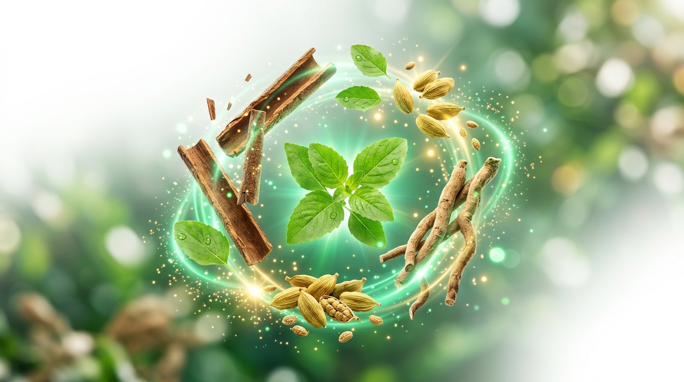 3D CGI Floating Ayurvedic Ingredients Sphere